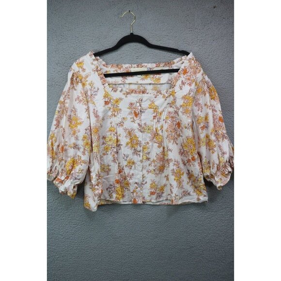 Cynthia Rowley Short Puff Sleeve Cropped Floral Top-Linen Blend-Size Small - Picture 1 of 7
